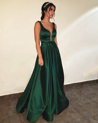 Long Satin V-neck Prom Dresses Backless Evening Gowns