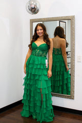 Elegant Ruffle Long Prom Dresses A Line High Slit Dress Outfit