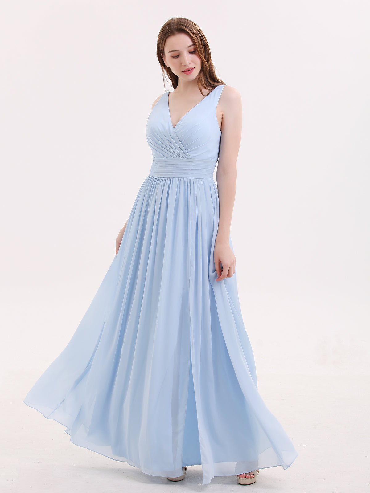 Double Beaded Strap Chiffon Dress with V Neck Sky Blue