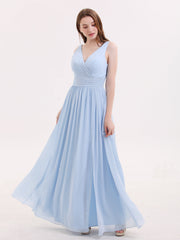 Double Beaded Strap Chiffon Dress with V Neck Sky Blue