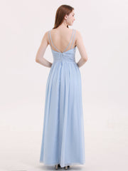 Double Beaded Strap Chiffon Dress with V Neck Sky Blue