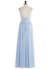 Double Beaded Strap Chiffon Dress with V Neck Sky Blue