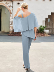 Flutter Sleeves Chiffon Pantsuit with Beaded Dusty Blue