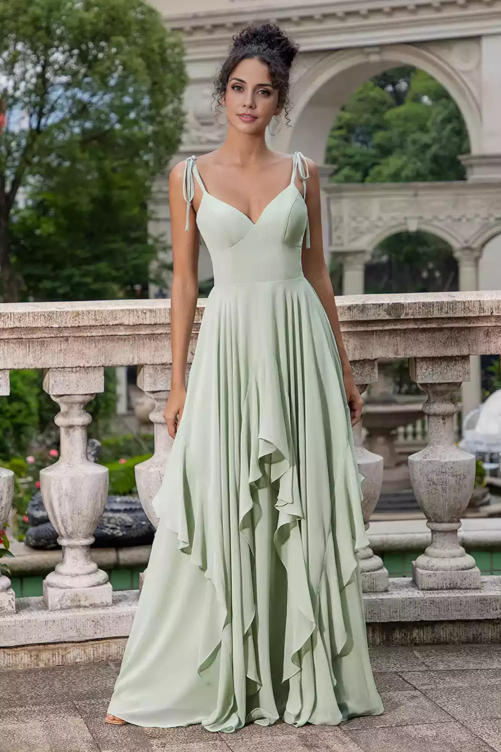 Enchanting A-line chiffon V-neck thin shoulder strap with ruffle edge zipper closure Bridesmaid Dresses