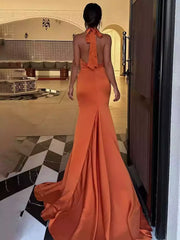 Enchanting mermaid backless neckline sleeveless silhouette pleated hem floor length skirt with back tie Prom Dresses