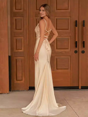 Enchanting mermaid satin thin shoulder straps and V-neck sleeveless lace applique corset lace up back Prom Dresses