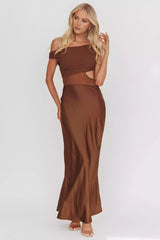Enchanting satin asymmetrical neckline, mesh hollow tight corset, slanted satin side zipper Prom Dresses