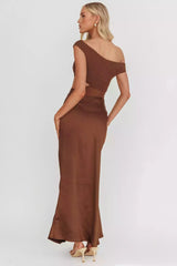 Enchanting satin asymmetrical neckline, mesh hollow tight corset, slanted satin side zipper Prom Dresses