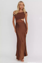 Enchanting satin asymmetrical neckline, mesh hollow tight corset, slanted satin side zipper Prom Dresses