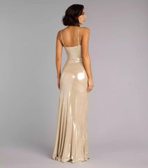 Enchanting stretch knit lining with adjustable thin shoulder straps, round neck, A-line silhouette, ruffled edges and floor Prom Dresses