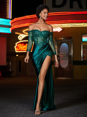 High Slit Corset Bodice Stretch Satin Gown Dark Green
