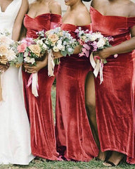 Off Shoulder Velvet Mermaid Bridesmaid Dress Leg Slit