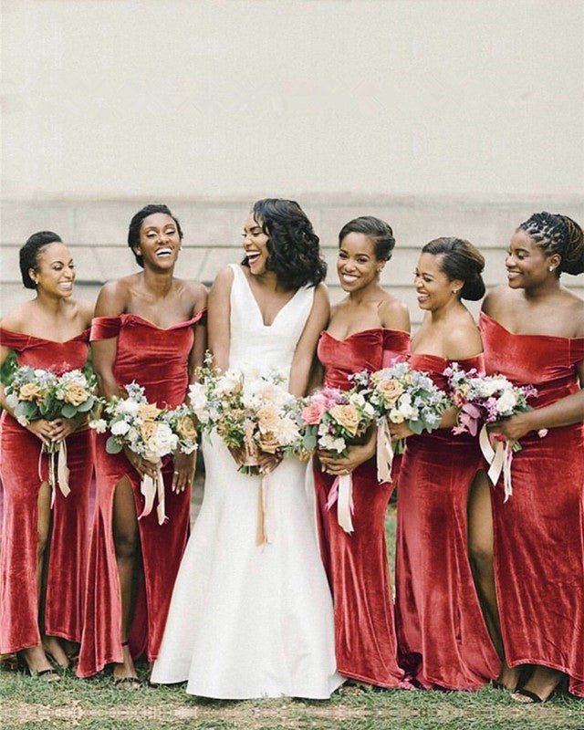 Off Shoulder Velvet Mermaid Bridesmaid Dress Leg Slit