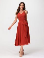 Spaghetti Strap T length Dress with Sash Bow Rust