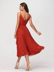 Spaghetti Strap T length Dress with Sash Bow Rust