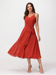 Spaghetti Strap T length Dress with Sash Bow Rust