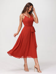 Spaghetti Strap T length Dress with Sash Bow Rust
