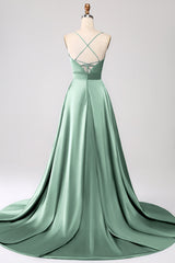 Black A Line Spaghetti Straps Satin Prom Dress with Slit
