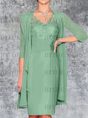 Two Piece Ruffle Chiffon Mother of the Bride Outfit Lace Short Wedding Guest Dress