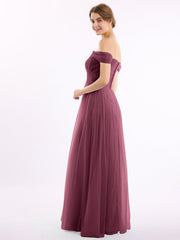 Off the Shoulder Sweetheart Neck Tulle Dress Mulberry