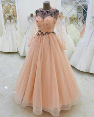 Long Sleeves Evening Dress Tulle Flowers Beaded