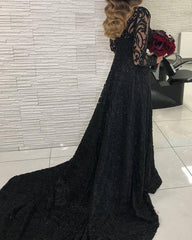 Long Sleeves Evening Dress Lace V Neck Leg Slit