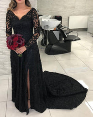 Long Sleeves Evening Dress Lace V Neck Leg Slit