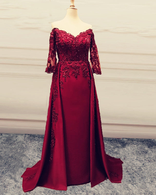 Mermaid V Neck Lace Sleeved Evening Dress Off The Shoulder