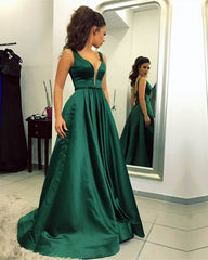 Long Satin V-neck Prom Dresses Backless Evening Gowns