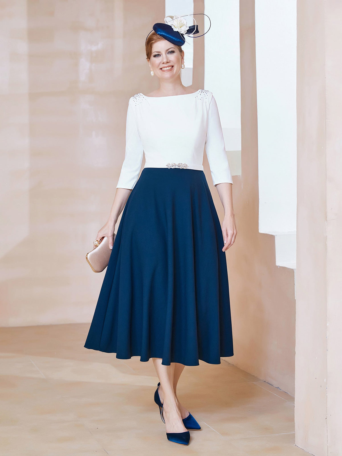 Stretch Crepe Scoop Tea-length Dress Navy Blue