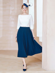 Stretch Crepe Scoop Tea-length Dress Navy Blue