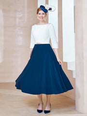 Stretch Crepe Scoop Tea-length Dress Navy Blue