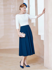 Stretch Crepe Scoop Tea-length Dress Navy Blue