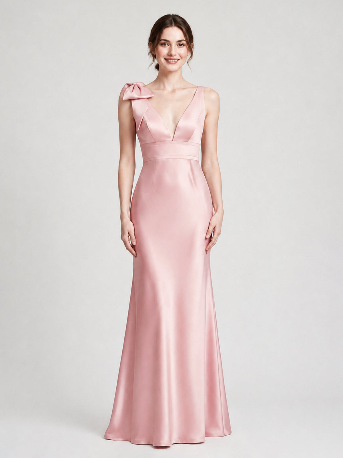 V-Neck Satin Column Gown with Fixed Shoulder Bow Blushing Pink