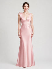 V-Neck Satin Column Gown with Fixed Shoulder Bow Blushing Pink