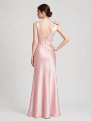 V-Neck Satin Column Gown with Fixed Shoulder Bow Blushing Pink