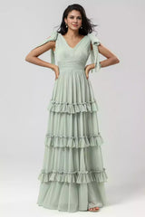 Exquisite chiffon V-neck sleeveless and floor layered ruffled Bridesmaid Dresses