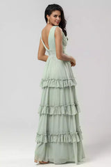 Exquisite chiffon V-neck sleeveless and floor layered ruffled Bridesmaid Dresses