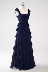 Exquisite chiffon square collar and ruffled hem off the shoulder, slim fit Bridesmaid Dresses