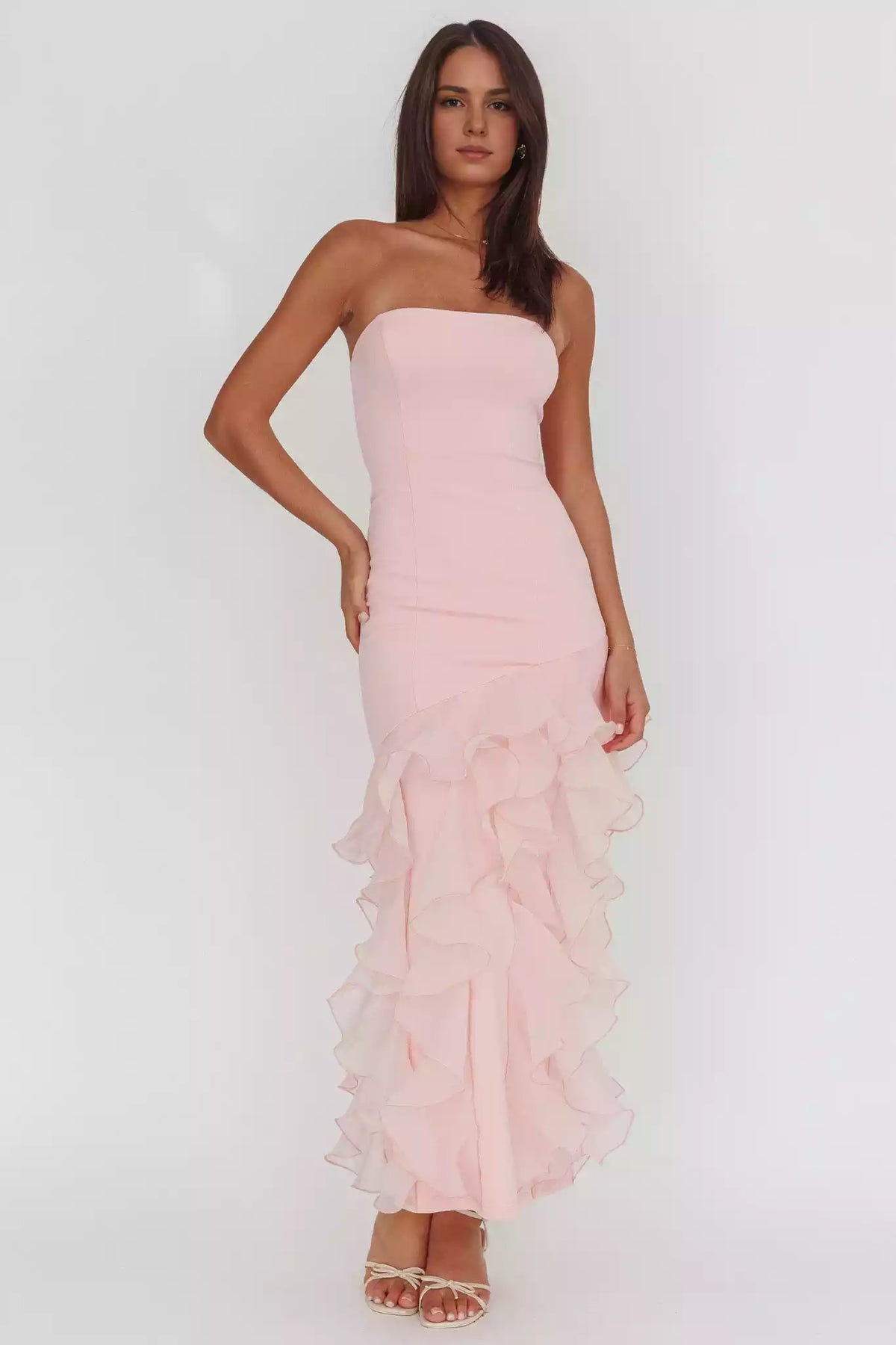 Exquisite interior strapless organza ruffle trim with zipper back Prom Dresses