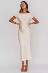 Exquisite satin long mid length backless hanging unlined hidden side zipper Prom Dresses