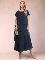 Eye catching A-line/princess style round neck short sleeved ruffled Mother of the Bride Dresses