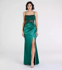 Eye catching elastic satin square neckline, transparent lace sequins, applique, tight fitting corset, high slit Prom Dresses