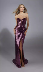 Eye catching strapless long sequined corset with skirt slit and zipper at the back Prom Dresses