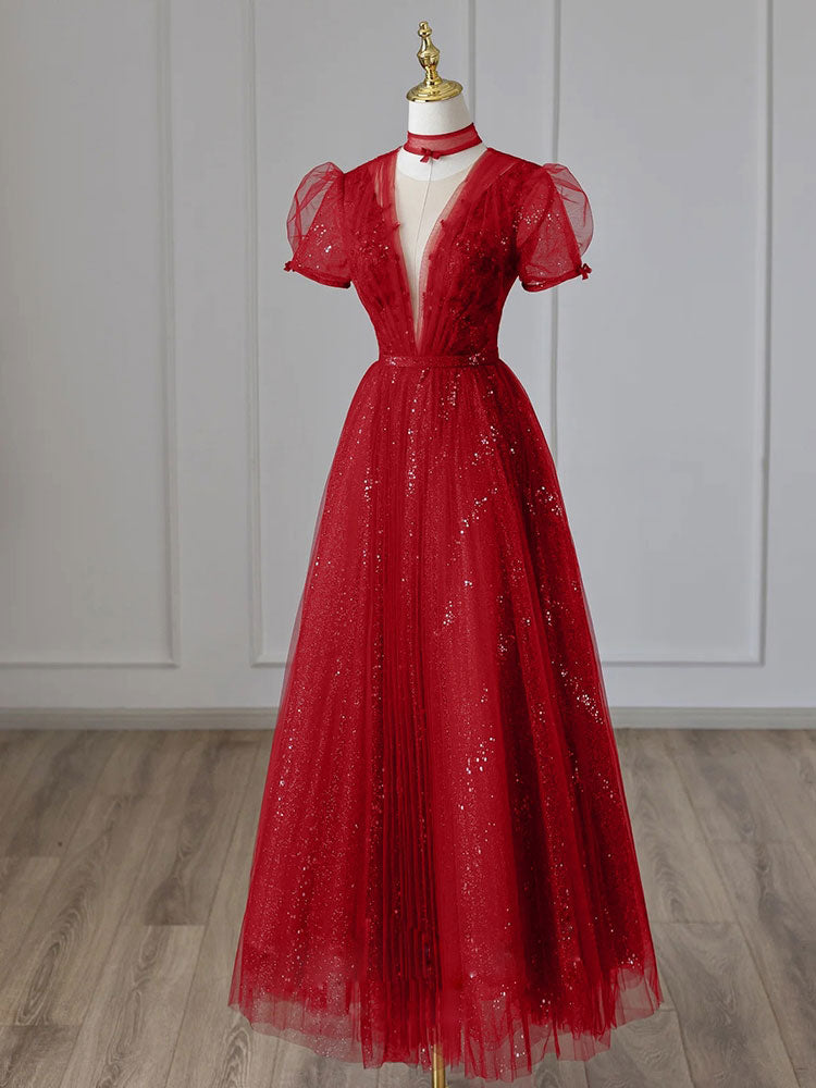 Burgundy tulle sequin long prom dress, burgundy evening dress
