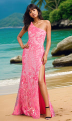 PromGirl One-Shoulder Neon Sequin Long Prom Dress