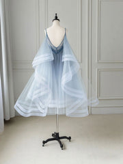 Blue v neck tulle beads short prom dress, blue tulle formal dress