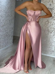 Mermaid Satin Pink Long Prom Dress, Pink Formal Evening Dresses