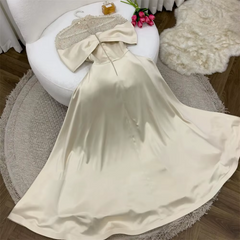 Elegant A-Line Evening Gown Elegant Dress Formal Floor Length Short Sleeve Illusion Neck Satin with Ruched Beading Prom Dress HZ1024