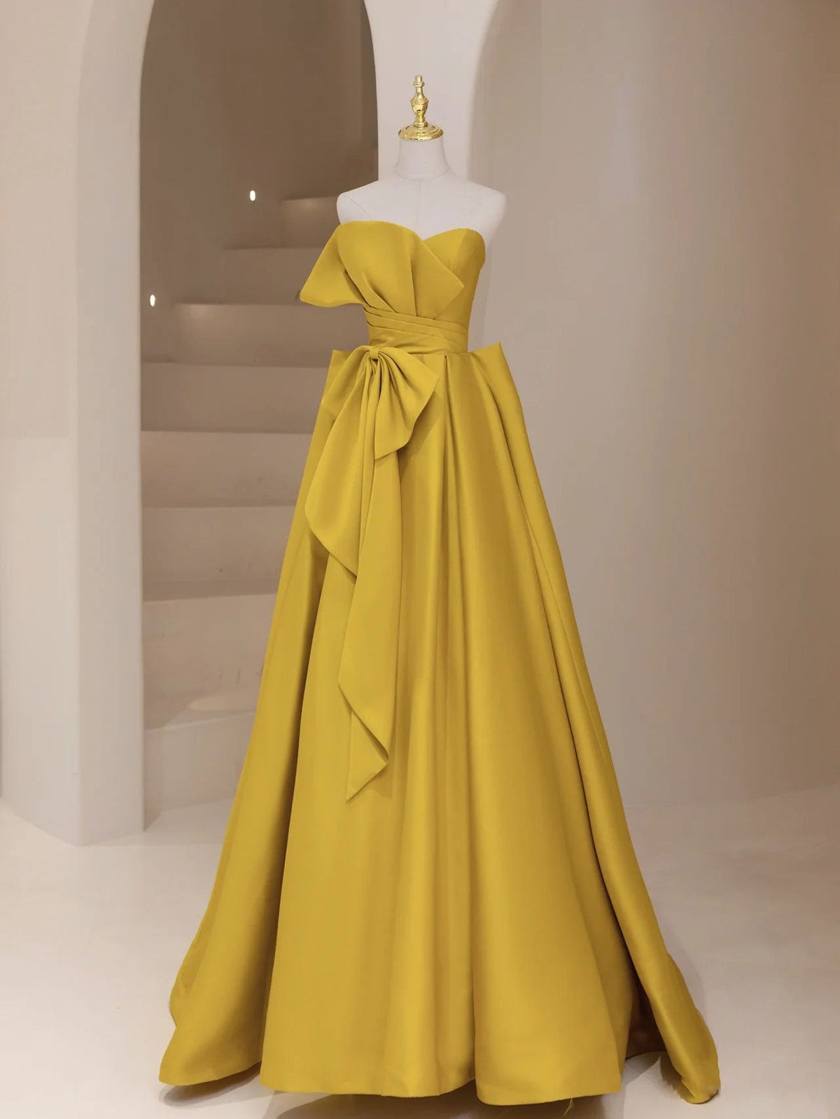 Yellow satin long prom dress, yellow evening dress